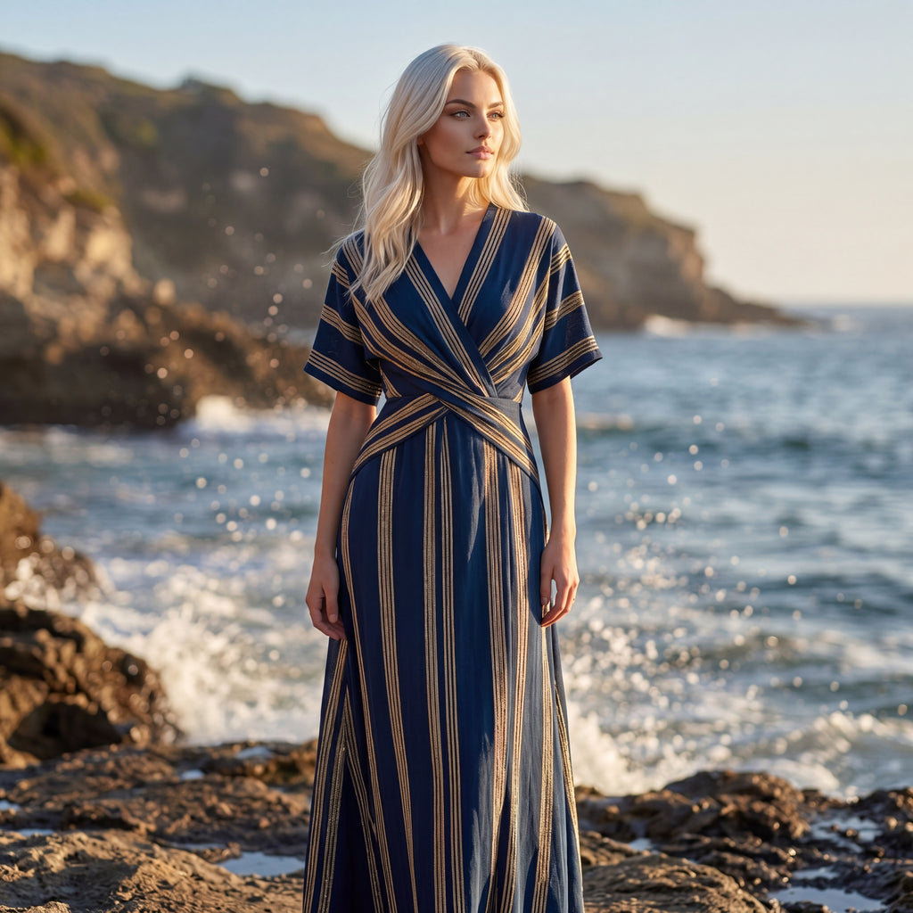 Coastal Striped Wrap Maxi Dress – Effortless Resort Chic