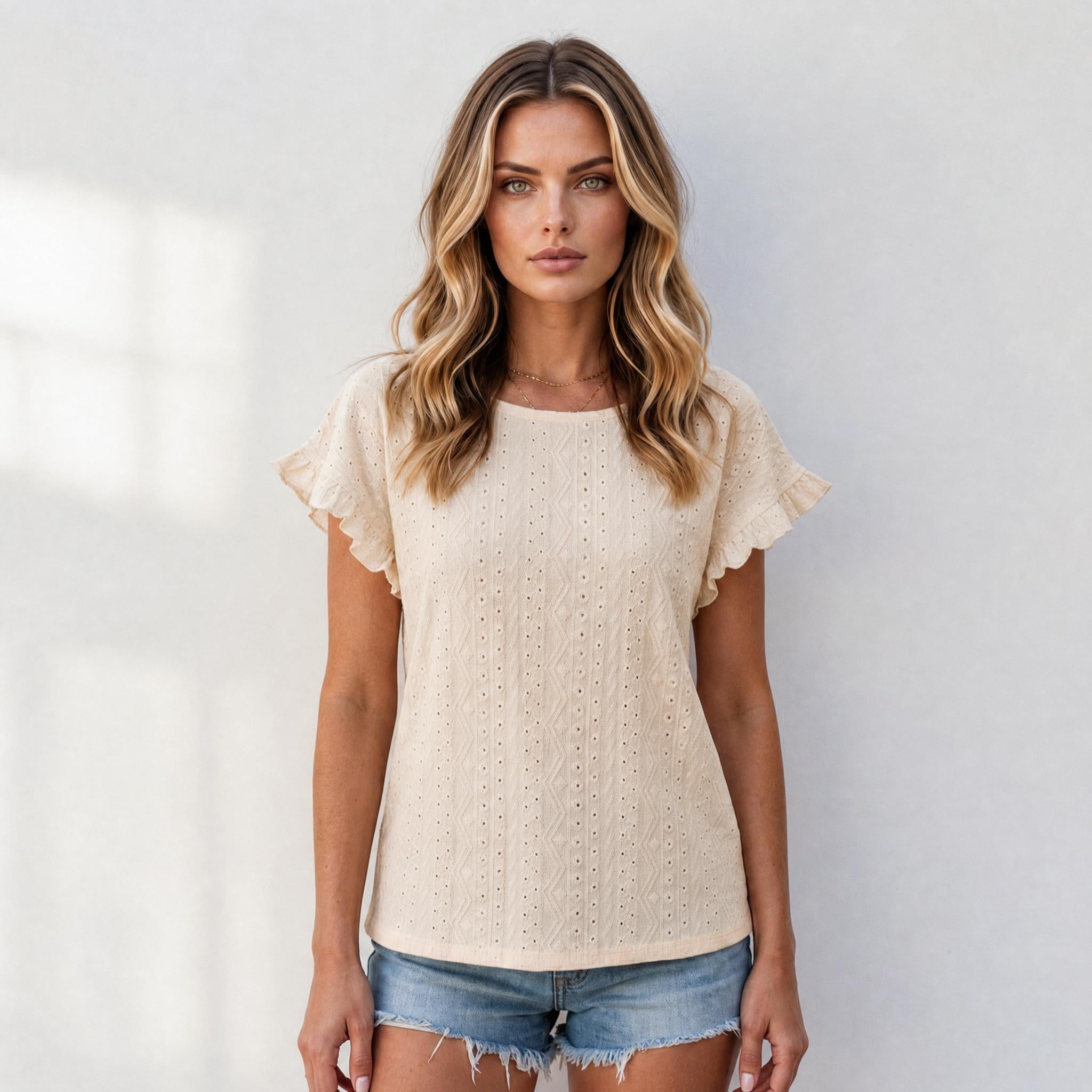 Breezy Eyelet Flutter Sleeve Casual Top