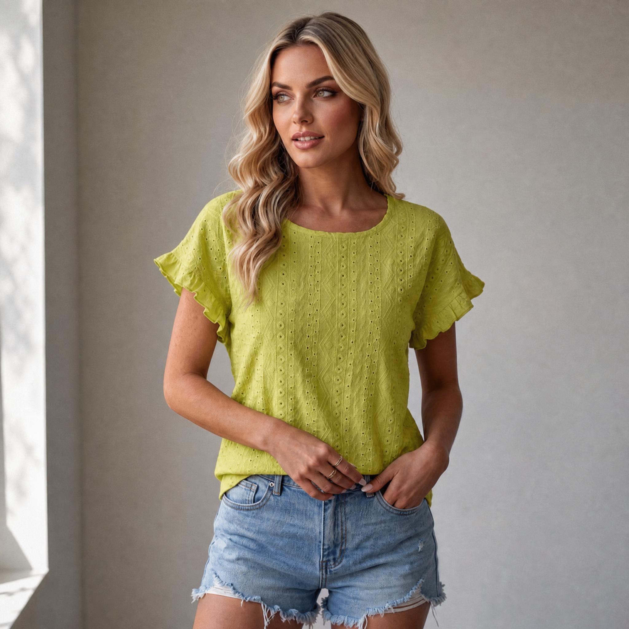 Breezy Eyelet Flutter Sleeve Casual Top