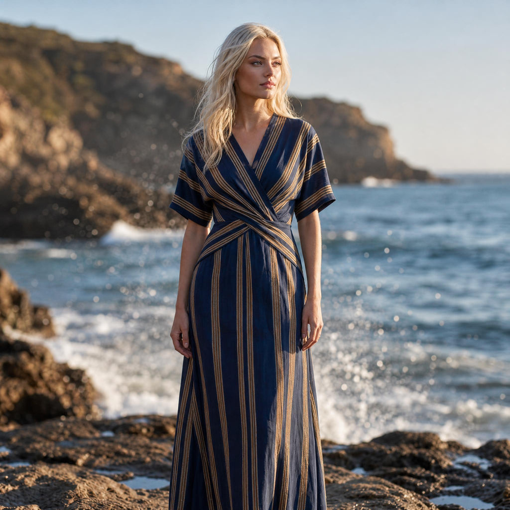 Coastal Striped Wrap Maxi Dress – Effortless Resort Chic