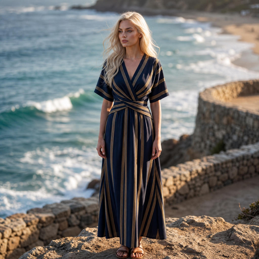 Coastal Striped Wrap Maxi Dress – Effortless Resort Chic