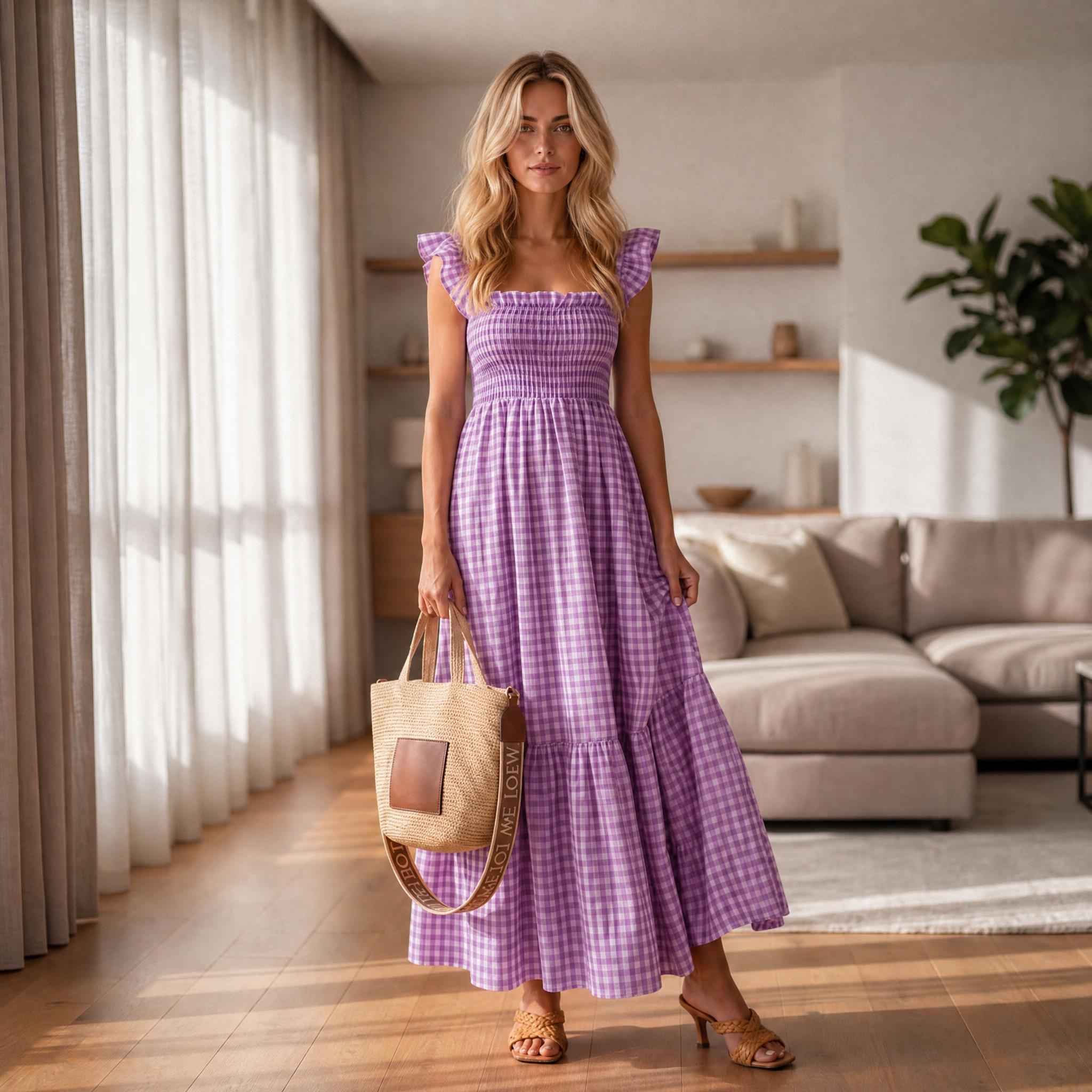 Charming Gingham Smocked Flutter Sleeve Maxi Dress