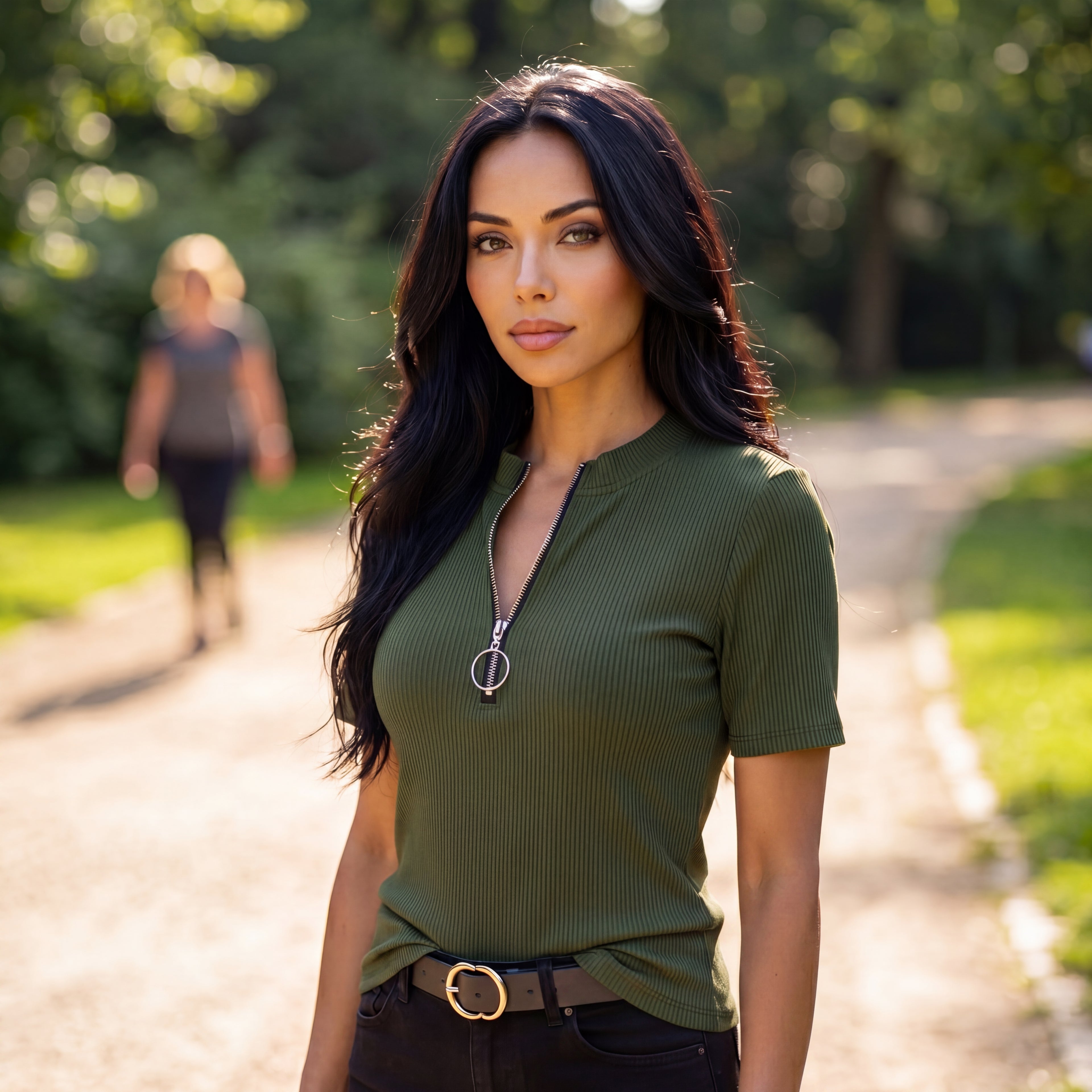Ribbed Zip-Front Short Sleeve Top