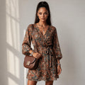 Boho Paisley Tie-Front Long Sleeve Mini Dress