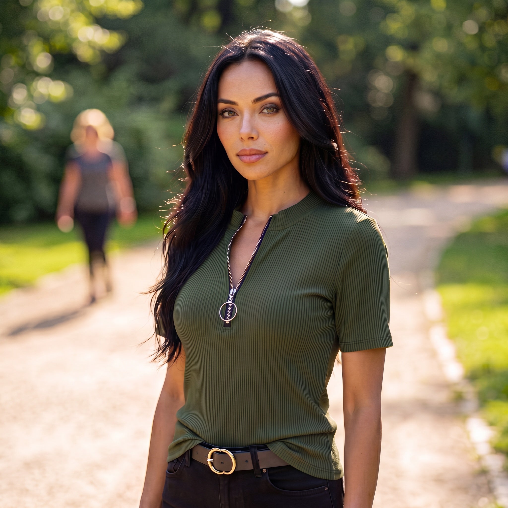 Ribbed Zip-Front Short Sleeve Top