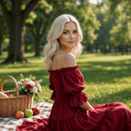 Crimson Romance Off-Shoulder Smocked Midi Dress