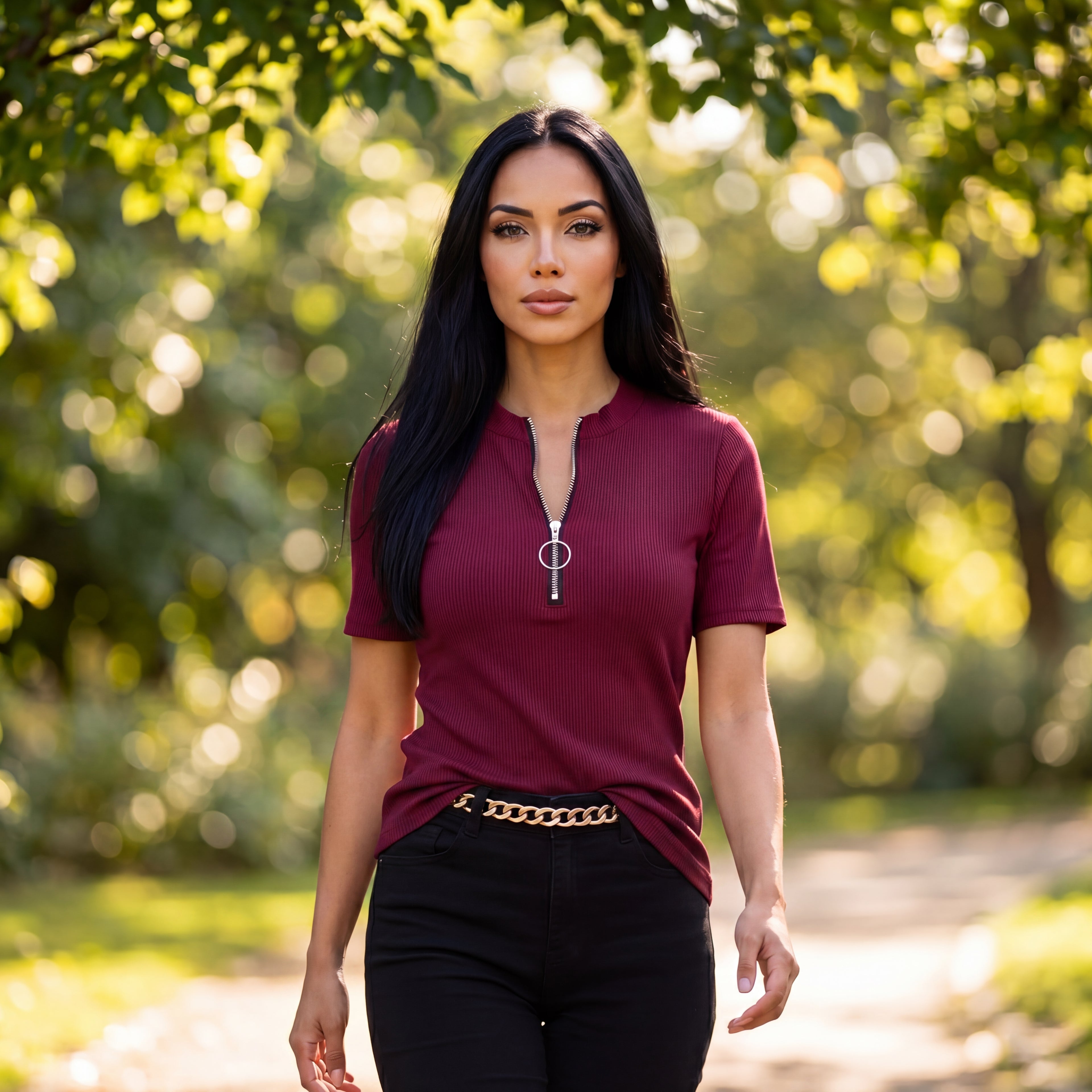 Ribbed Zip-Front Short Sleeve Top