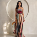 Prismatic Elegance Strapless Pleated Maxi Gown