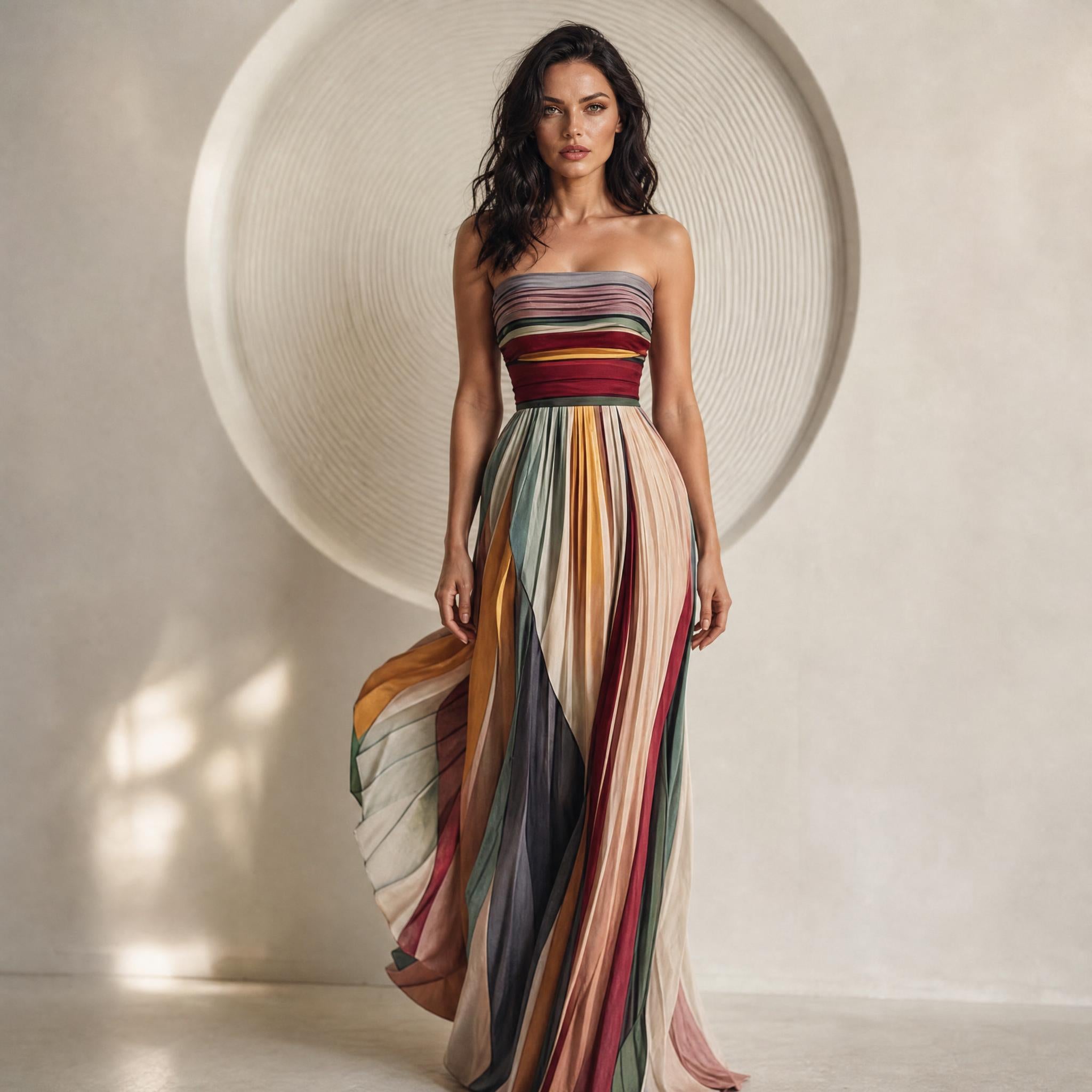 Prismatic Elegance Strapless Pleated Maxi Gown