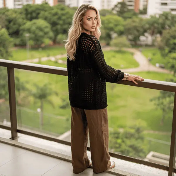 Chic Breeze Hollow-Out Knit Open Front Cover-Up Cardigan