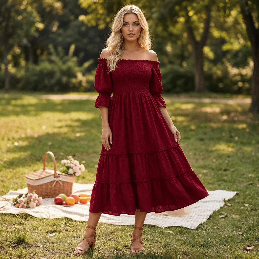 Crimson Romance Off-Shoulder Smocked Midi Dress