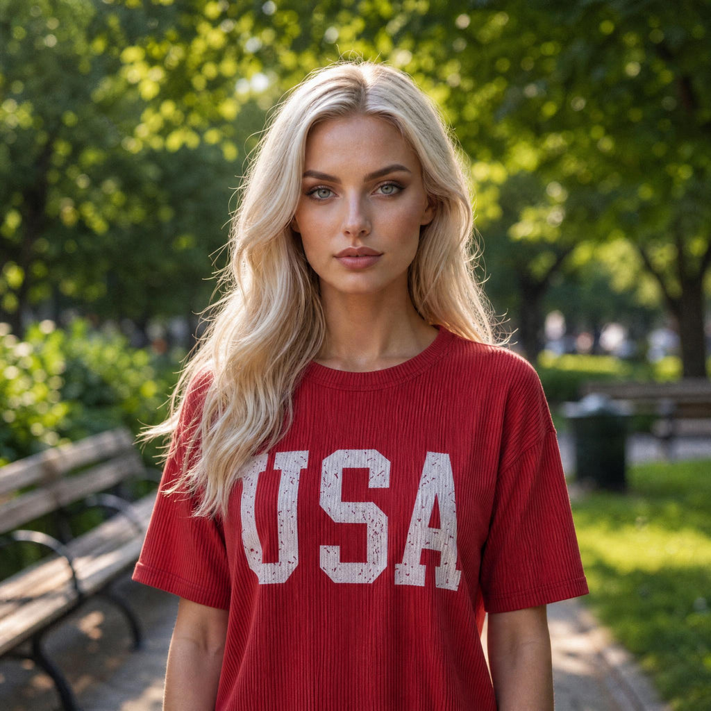 Twisted Rib Vintage USA Letter Printed T Shirt