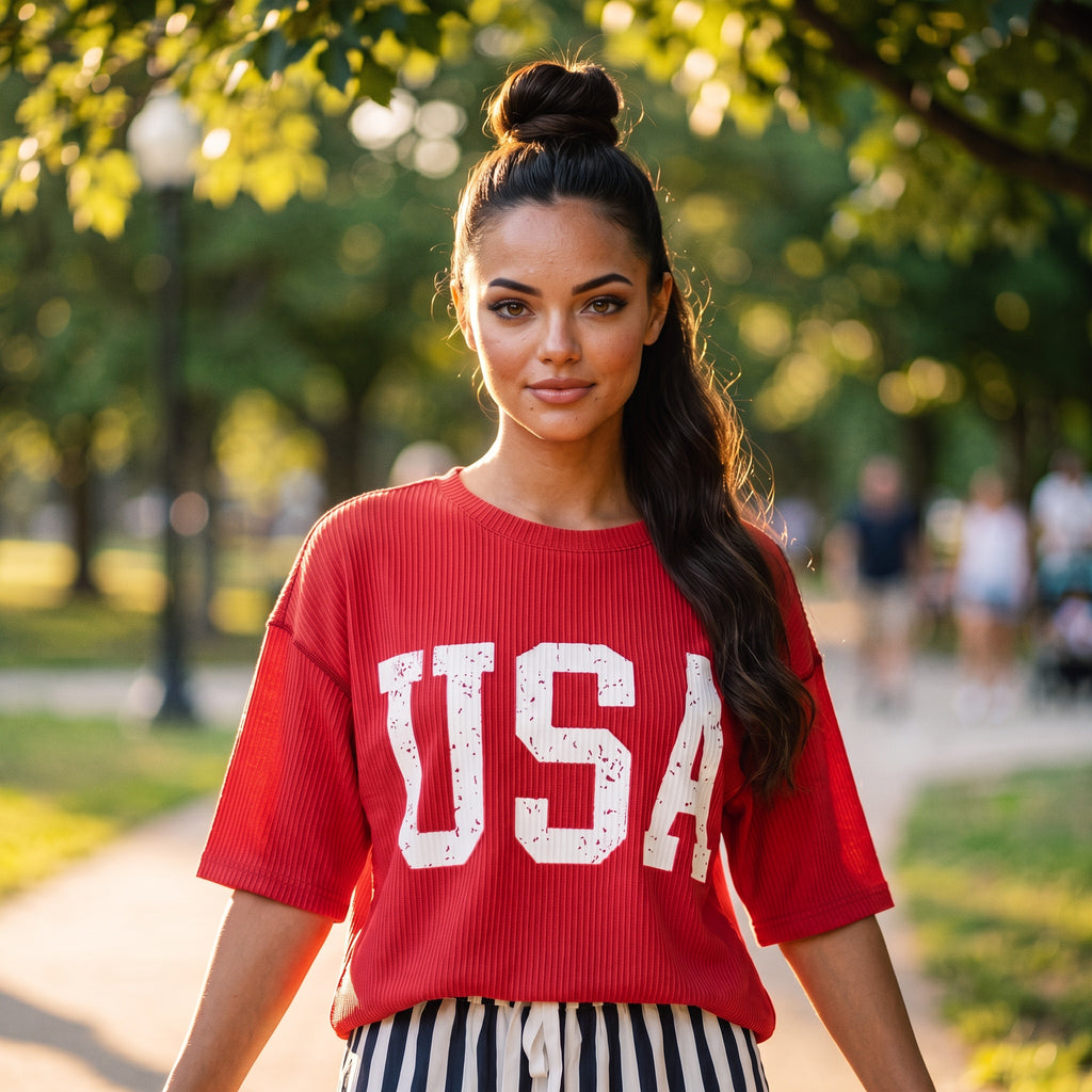 Twisted Rib Vintage USA Letter Printed T Shirt