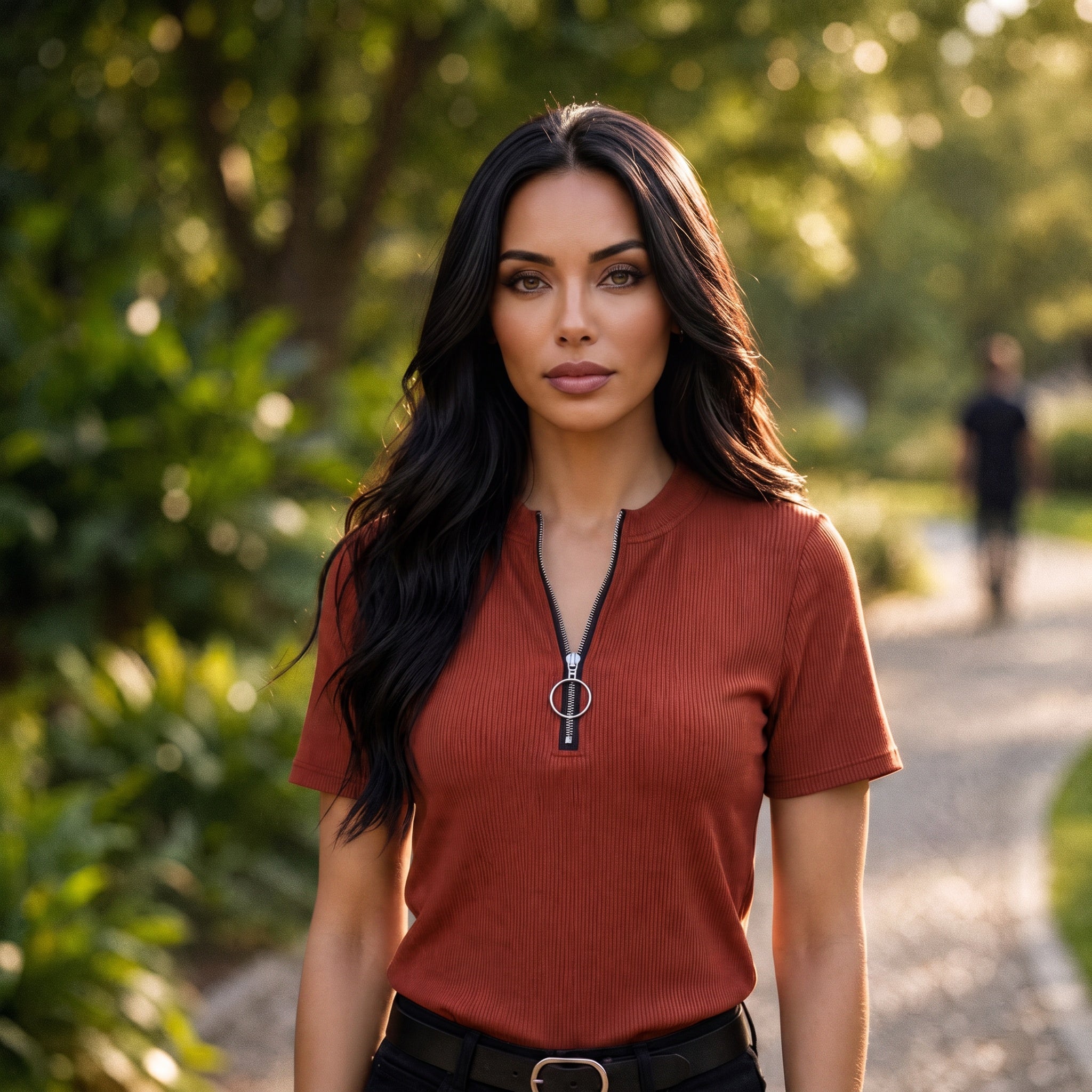 Ribbed Zip-Front Short Sleeve Top