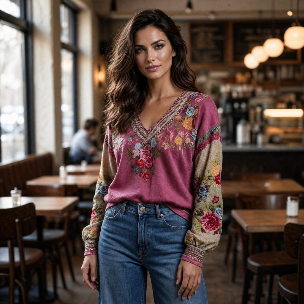 Boho Bloom Embroidered V-Neck Knit Sweater