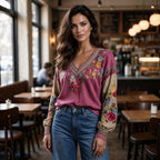 Boho Bloom Embroidered V-Neck Knit Sweater