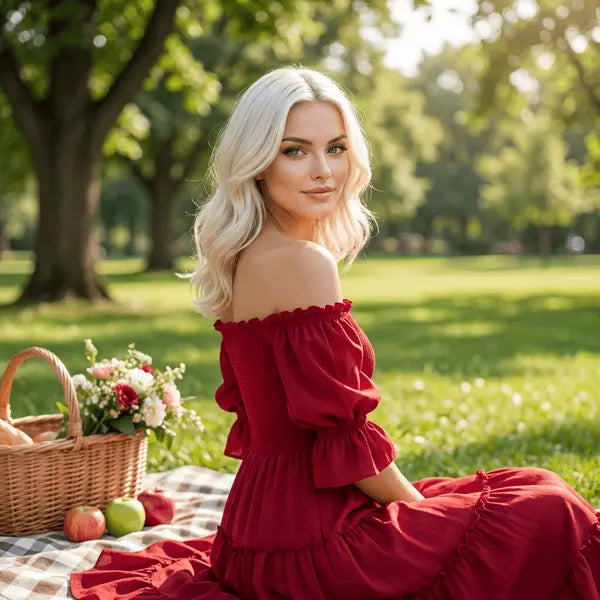 Crimson Romance Off-Shoulder Smocked Midi Dress