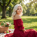 Crimson Romance Off-Shoulder Smocked Midi Dress