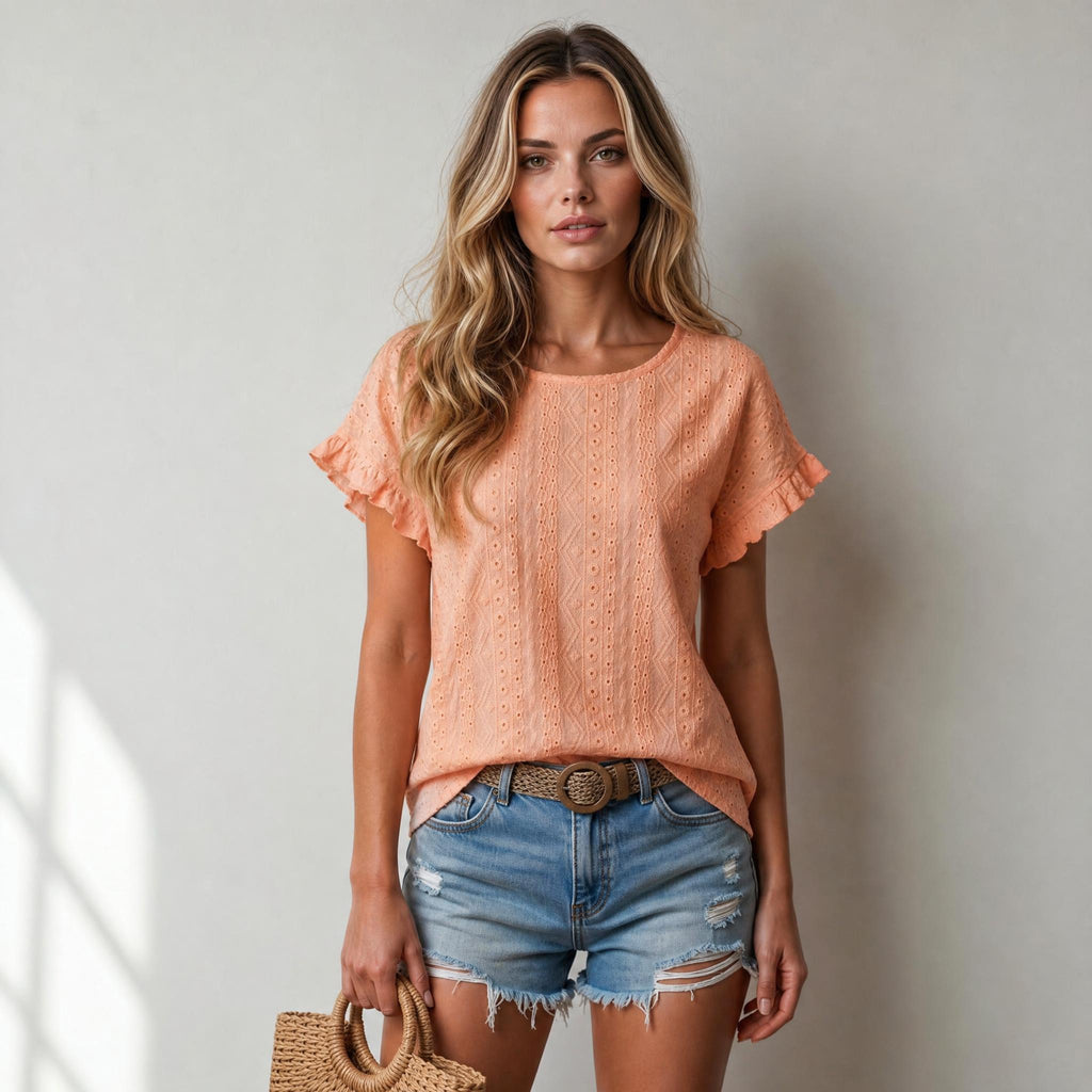 Breezy Eyelet Flutter Sleeve Casual Top