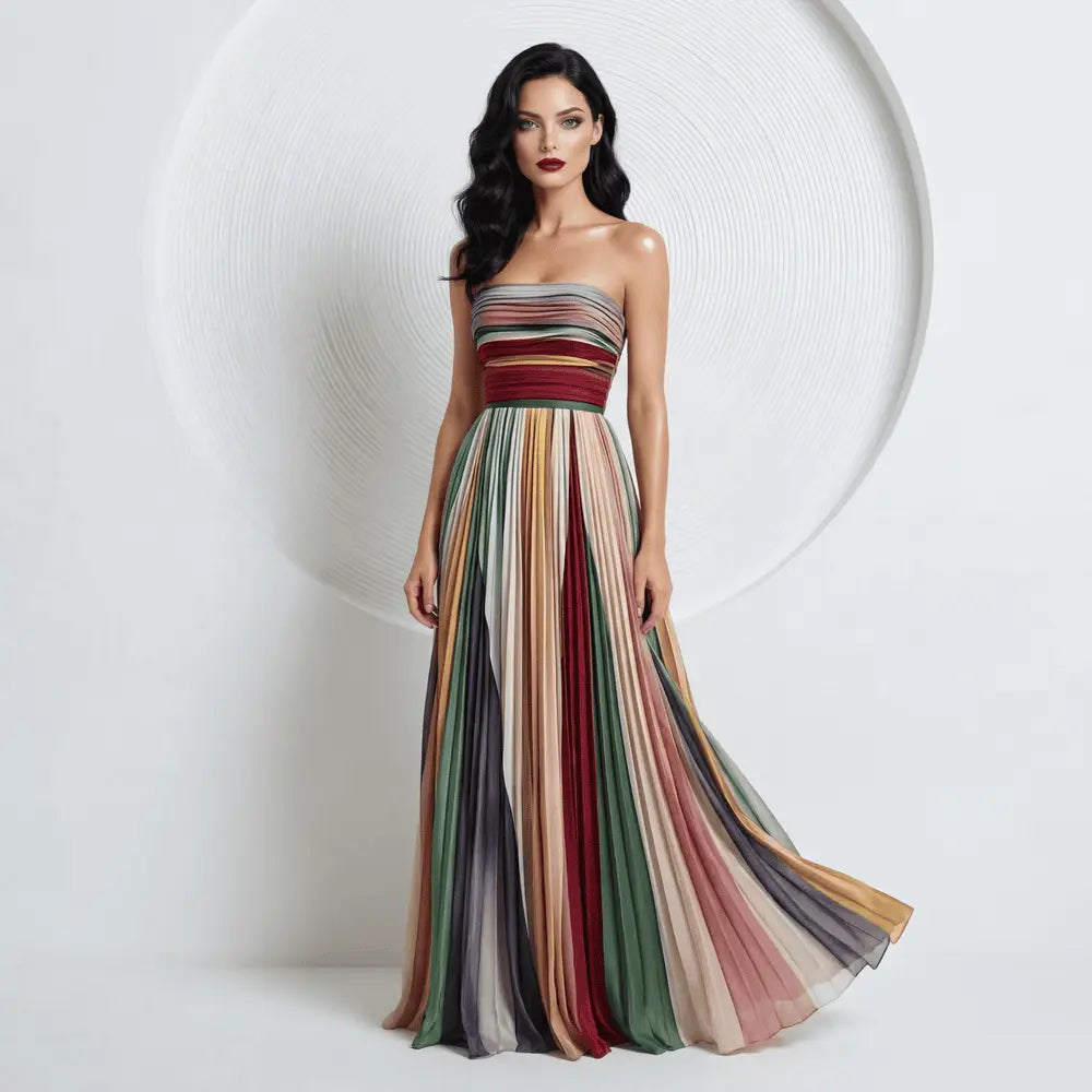 Prismatic Elegance Strapless Pleated Maxi Gown