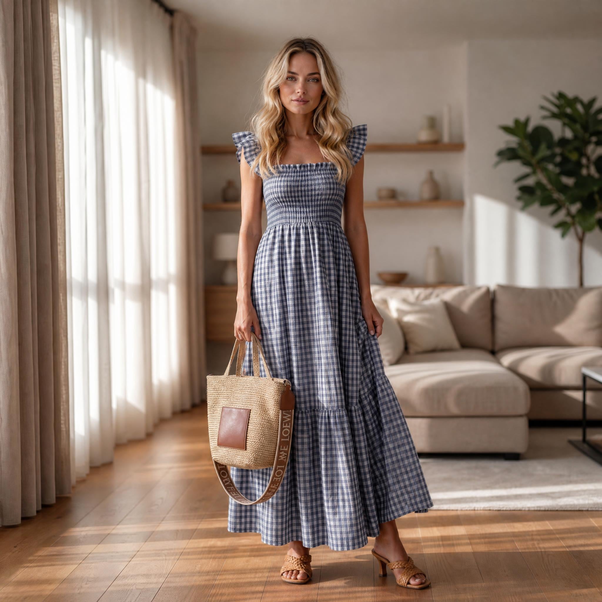 Charming Gingham Smocked Flutter Sleeve Maxi Dress