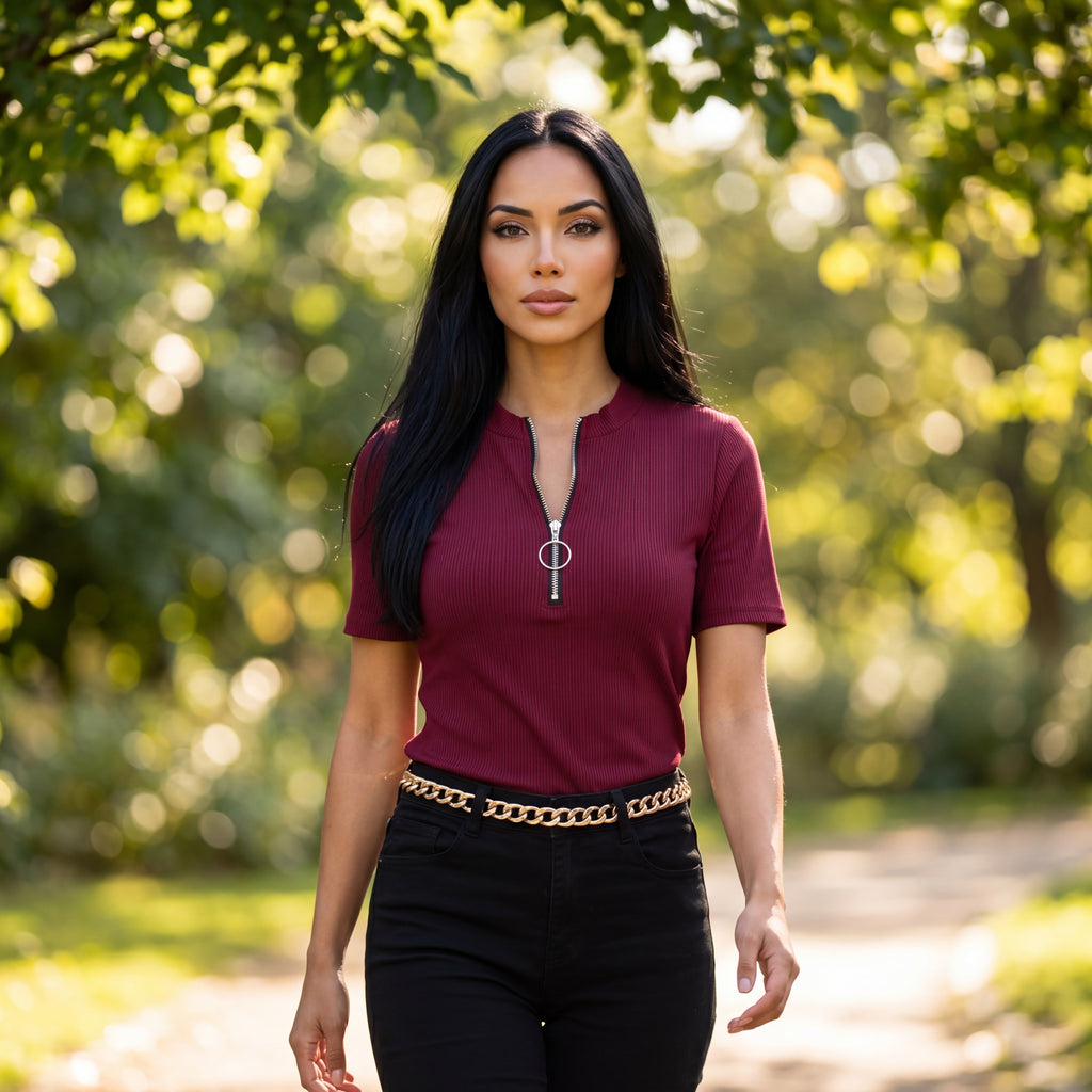Ribbed Zip-Front Short Sleeve Top
