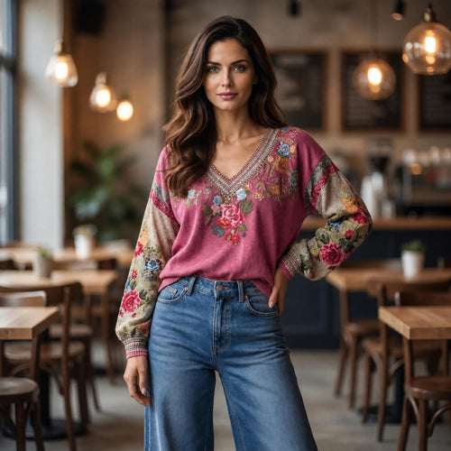 Boho Bloom Embroidered V-Neck Knit Sweater
