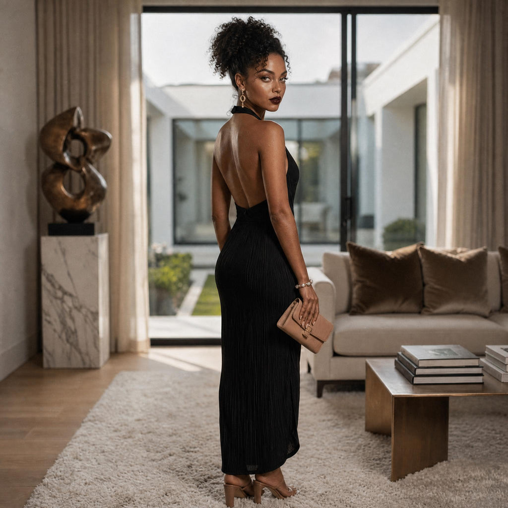 Chic Allure Pleated Halter Midi Dress