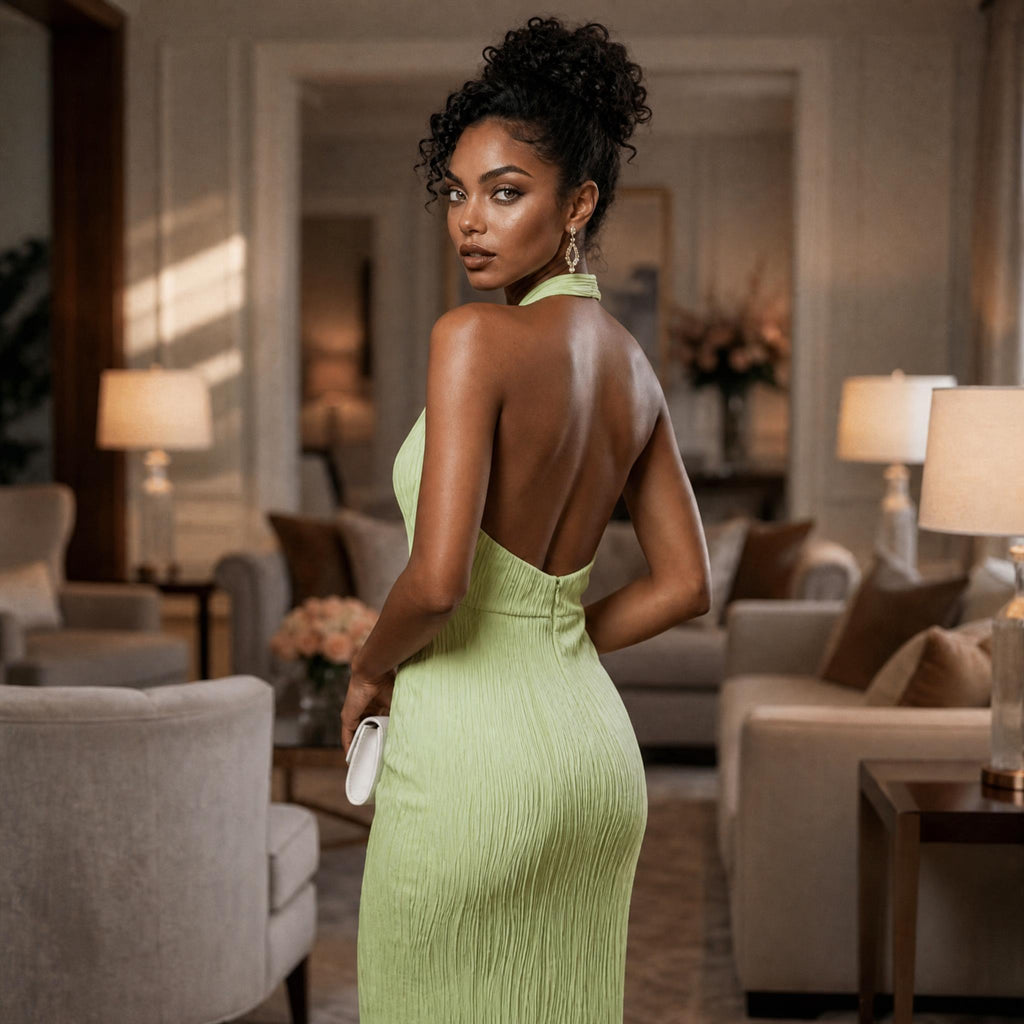 Chic Allure Pleated Halter Midi Dress