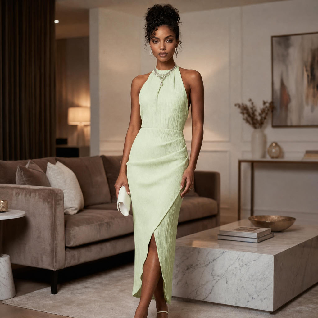Chic Allure Pleated Halter Midi Dress