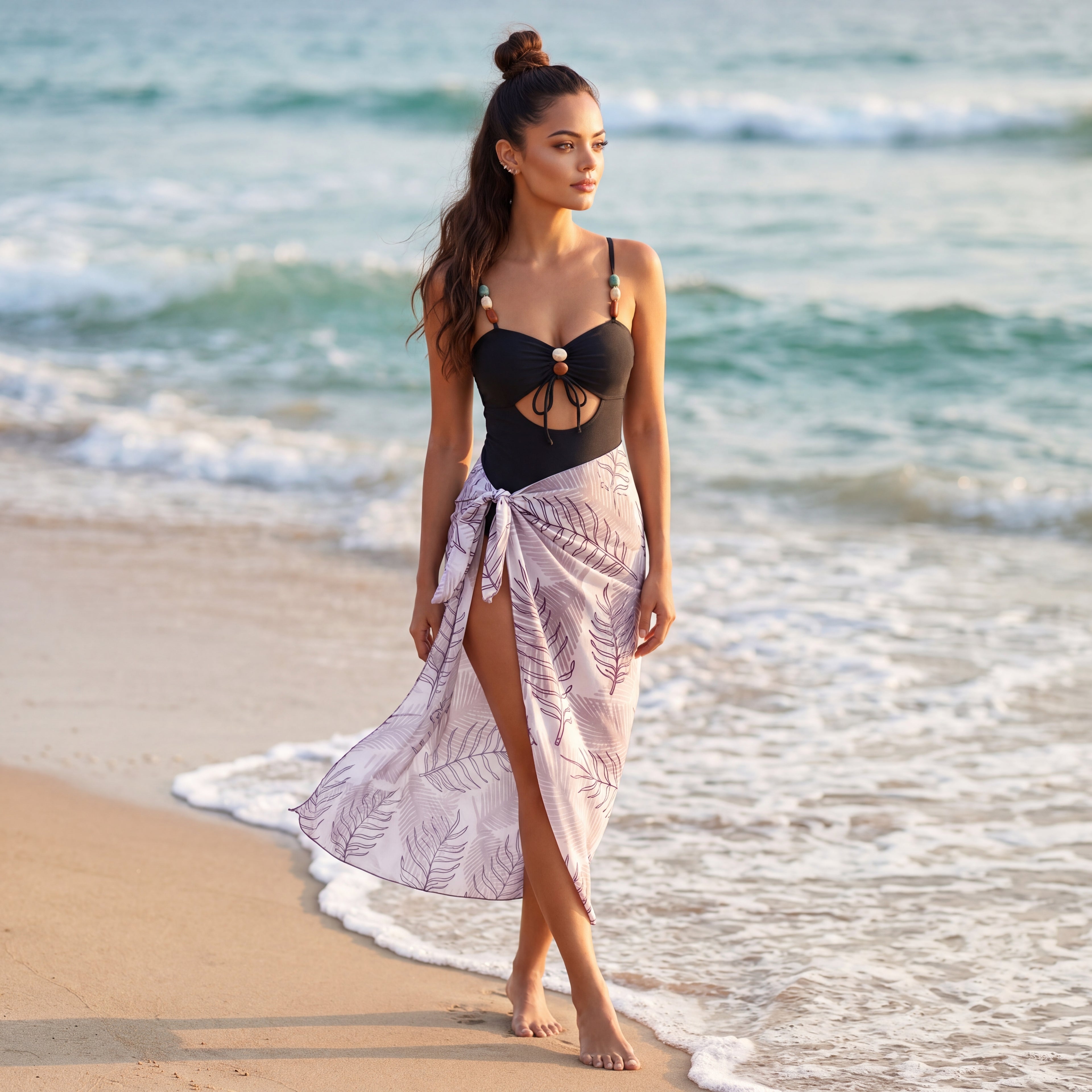 Island Breeze Beaded One-Piece Swimsuit & Tropical Sarong Set
