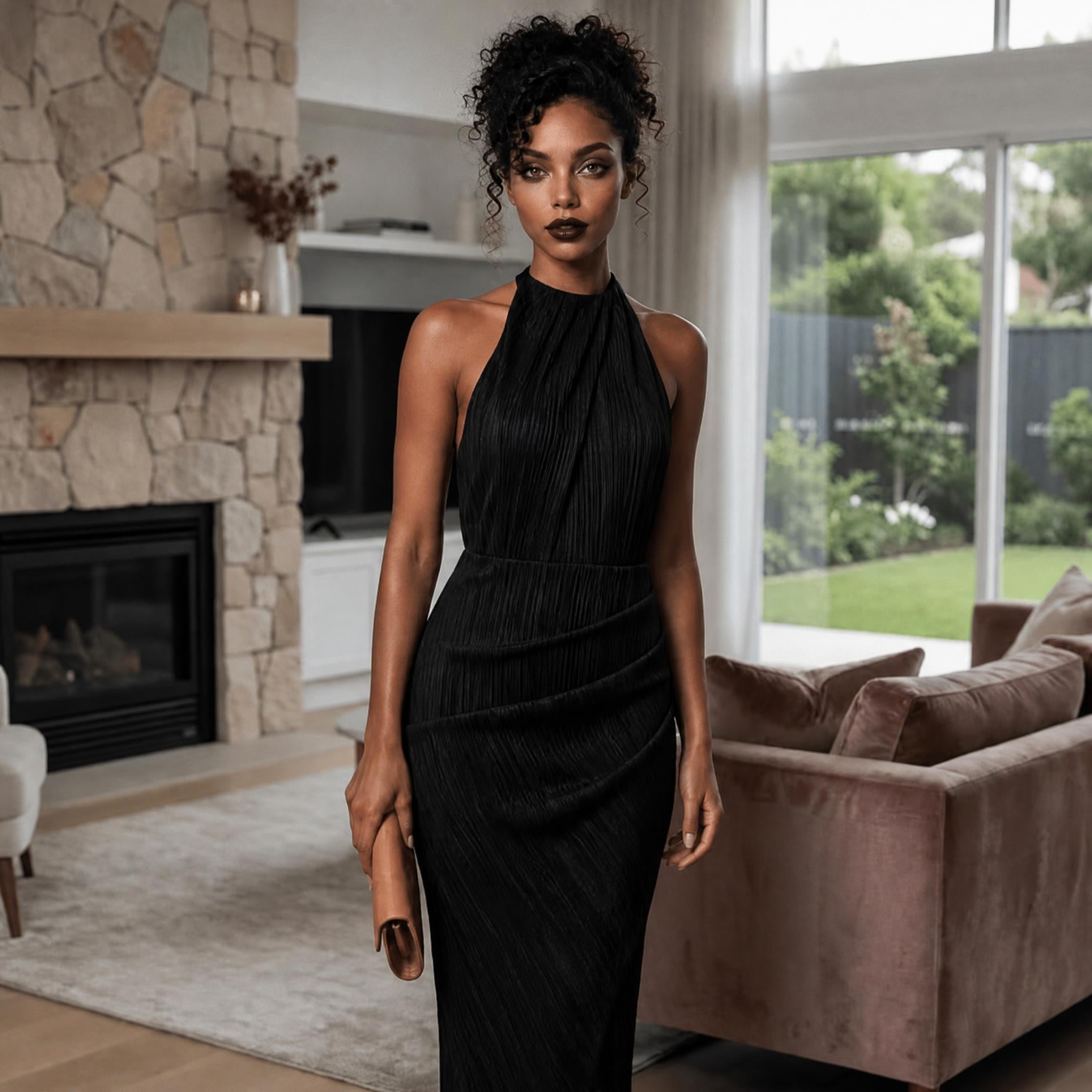Chic Allure Pleated Halter Midi Dress