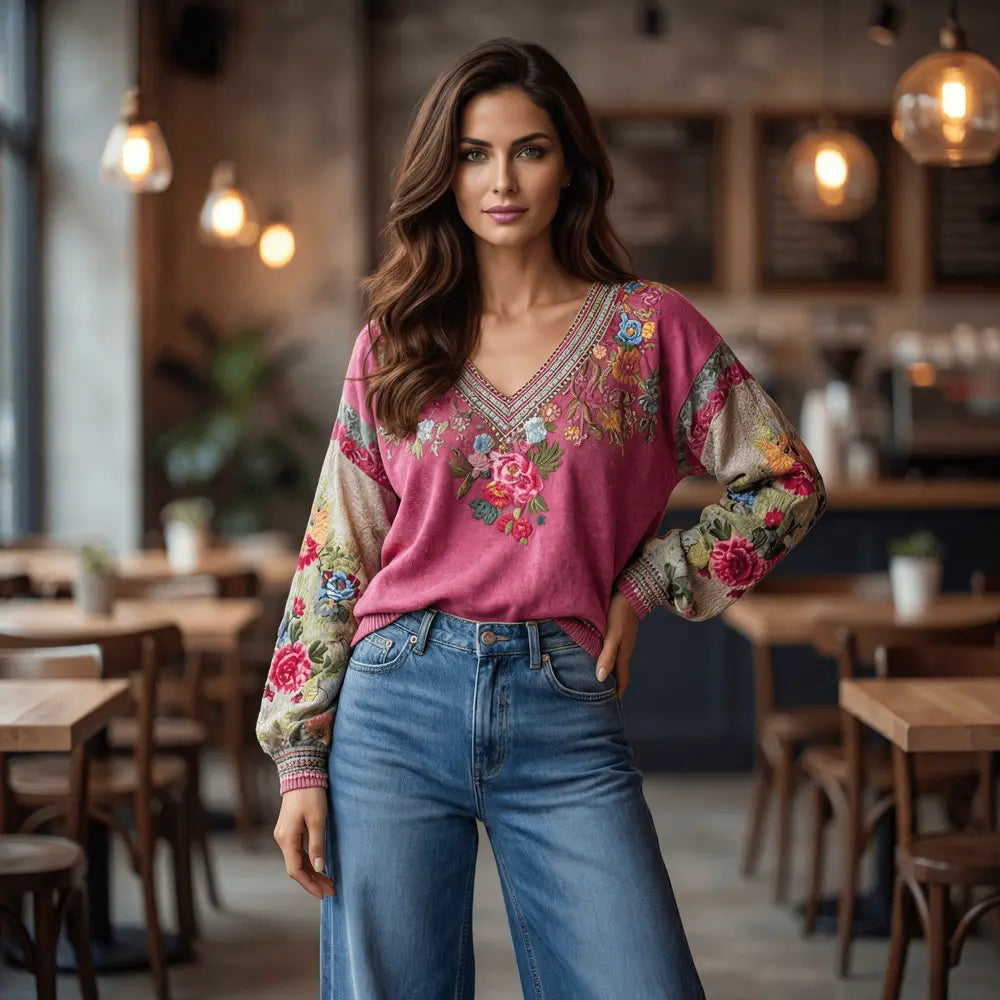 Boho Bloom Embroidered V-Neck Knit Sweater
