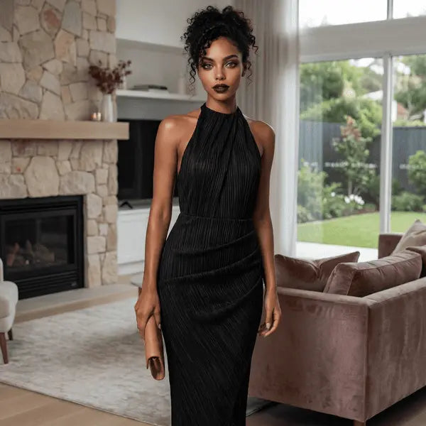 Chic Allure Pleated Halter Midi Dress