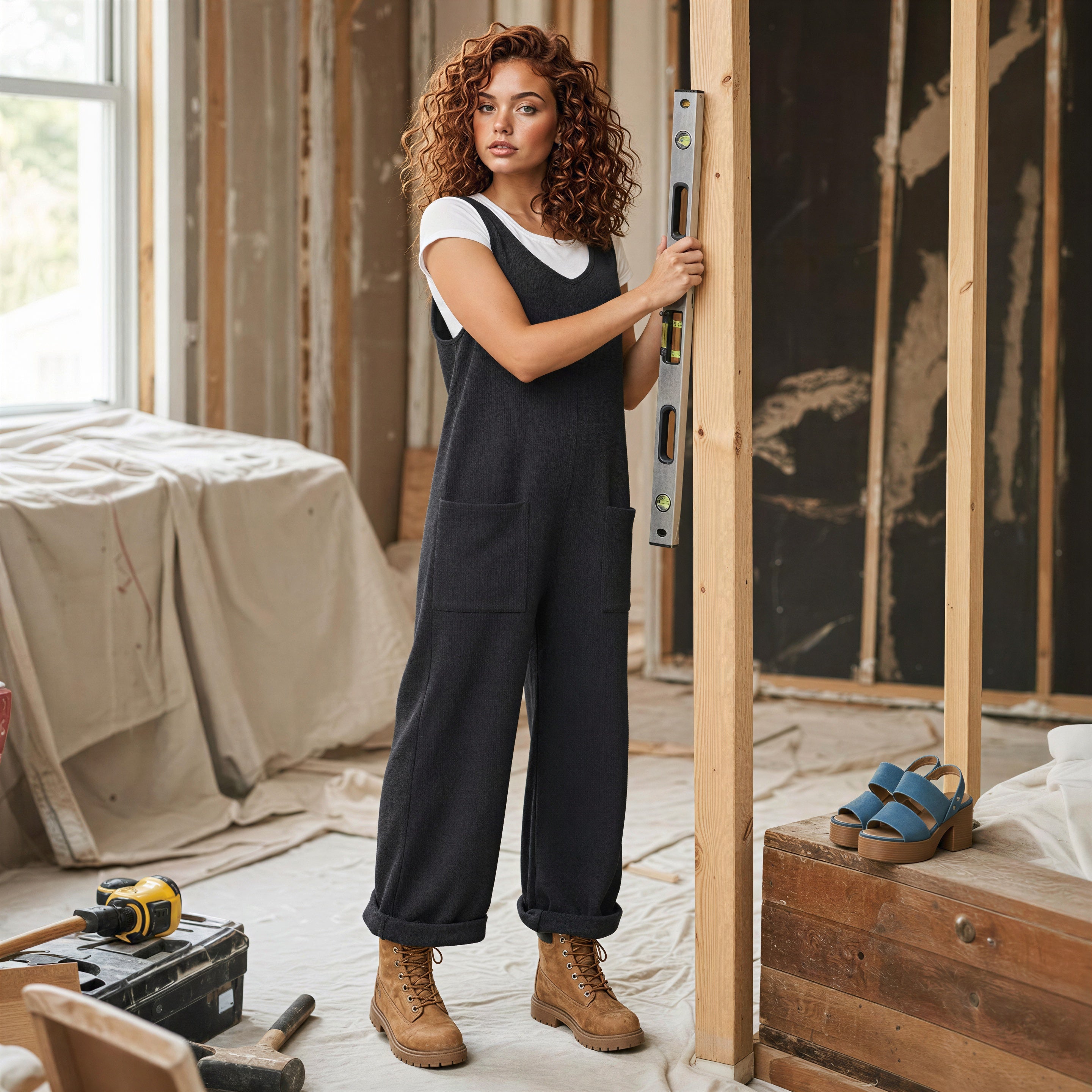 Harbor Breeze Textured Wide-Leg Overalls