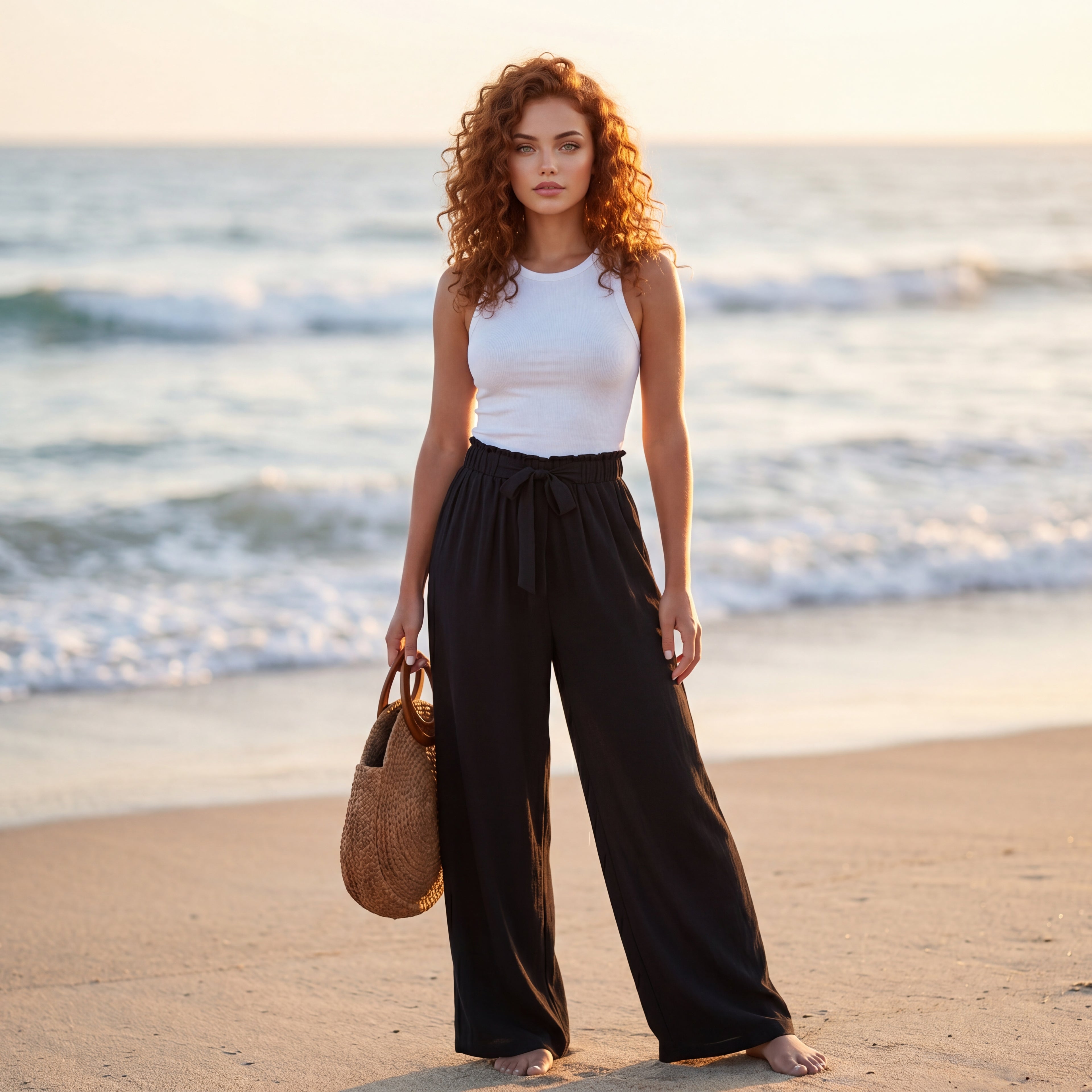 Bow-Tie Waist Wide Leg Pants