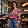 Boho Bloom Embroidered V-Neck Knit Sweater