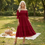 Crimson Romance Off-Shoulder Smocked Midi Dress