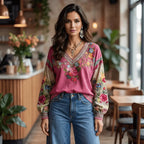 Boho Bloom Embroidered V-Neck Knit Sweater
