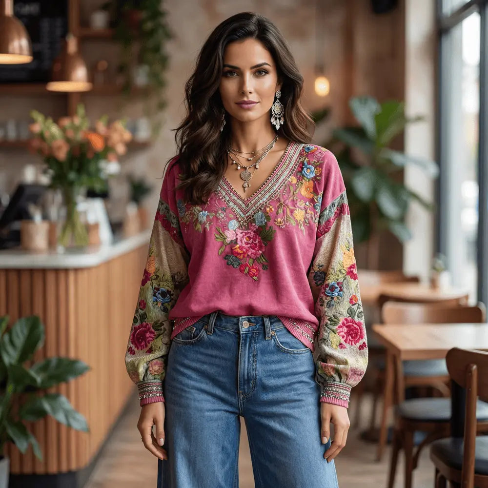 Boho Bloom Embroidered V-Neck Knit Sweater