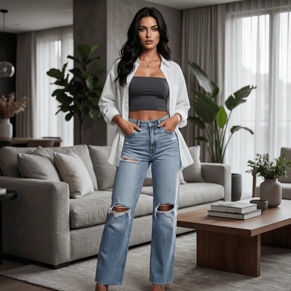 Vintage Wash Distressed Straight-Leg Denim Jeans
