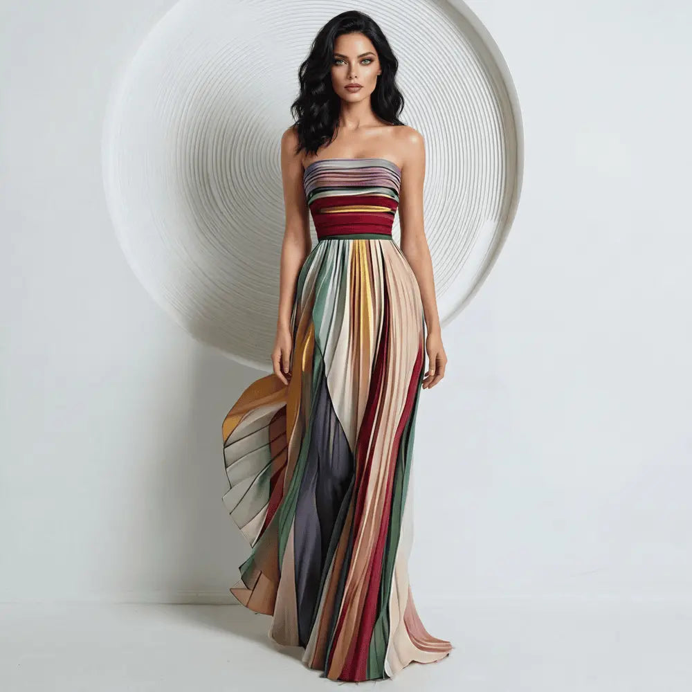 Prismatic Elegance Strapless Pleated Maxi Gown