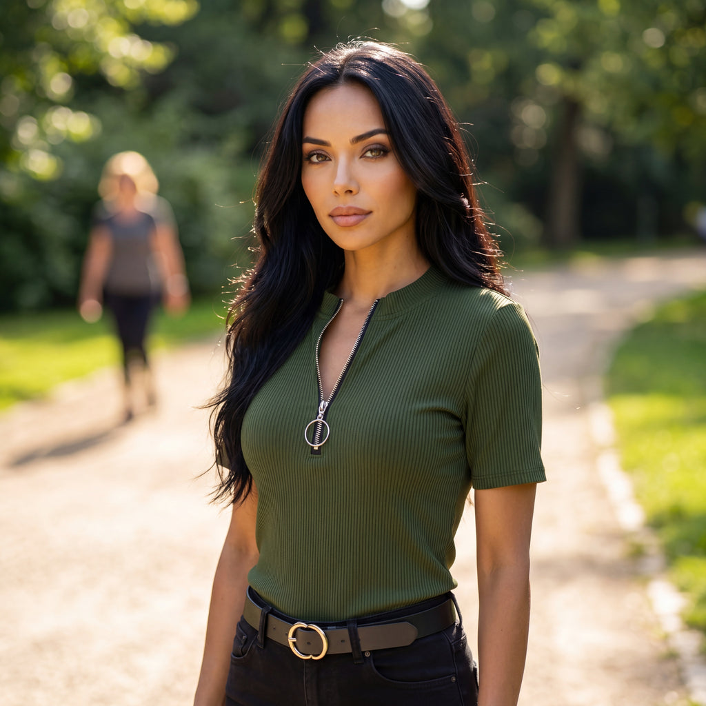 Ribbed Zip-Front Short Sleeve Top