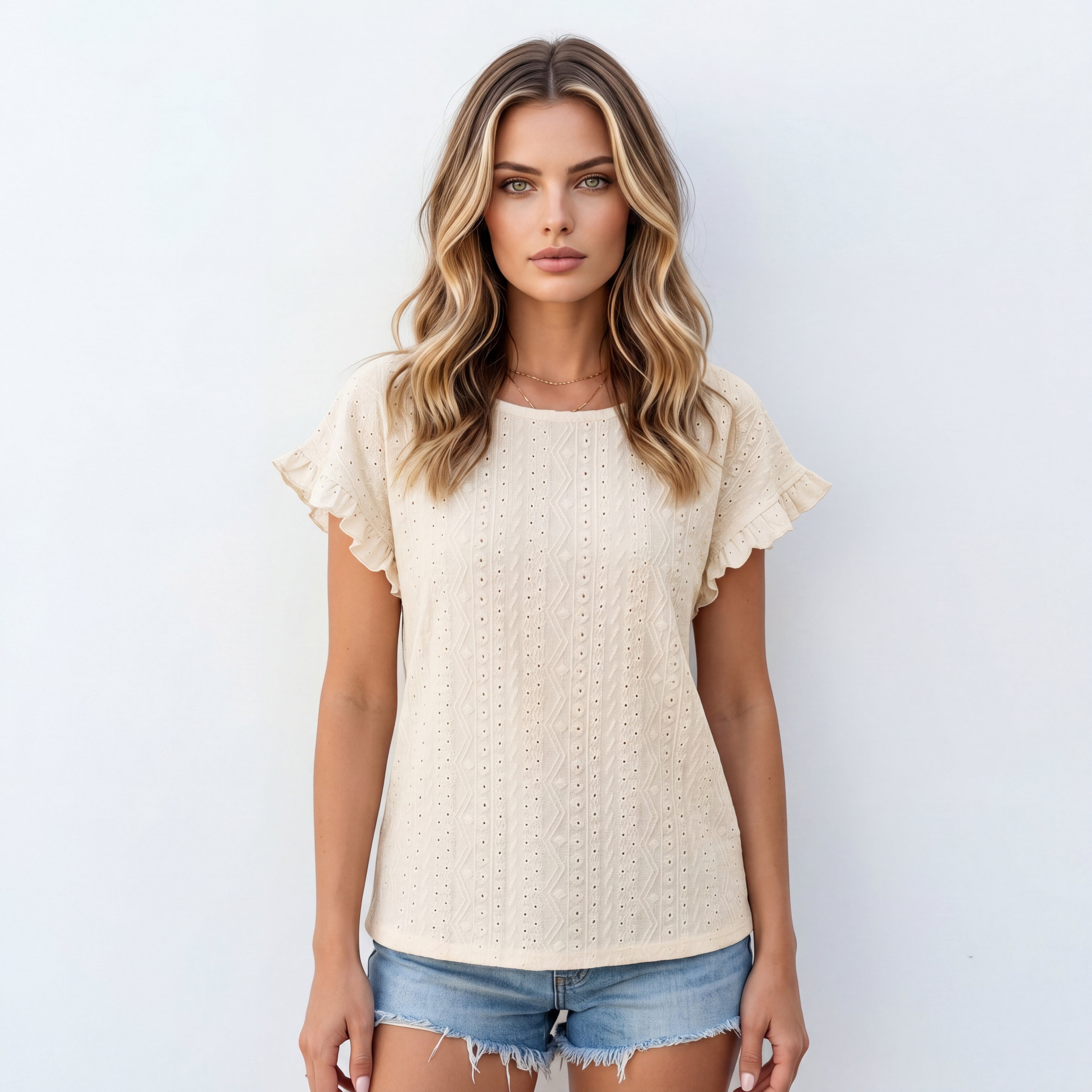 Breezy Eyelet Flutter Sleeve Casual Top