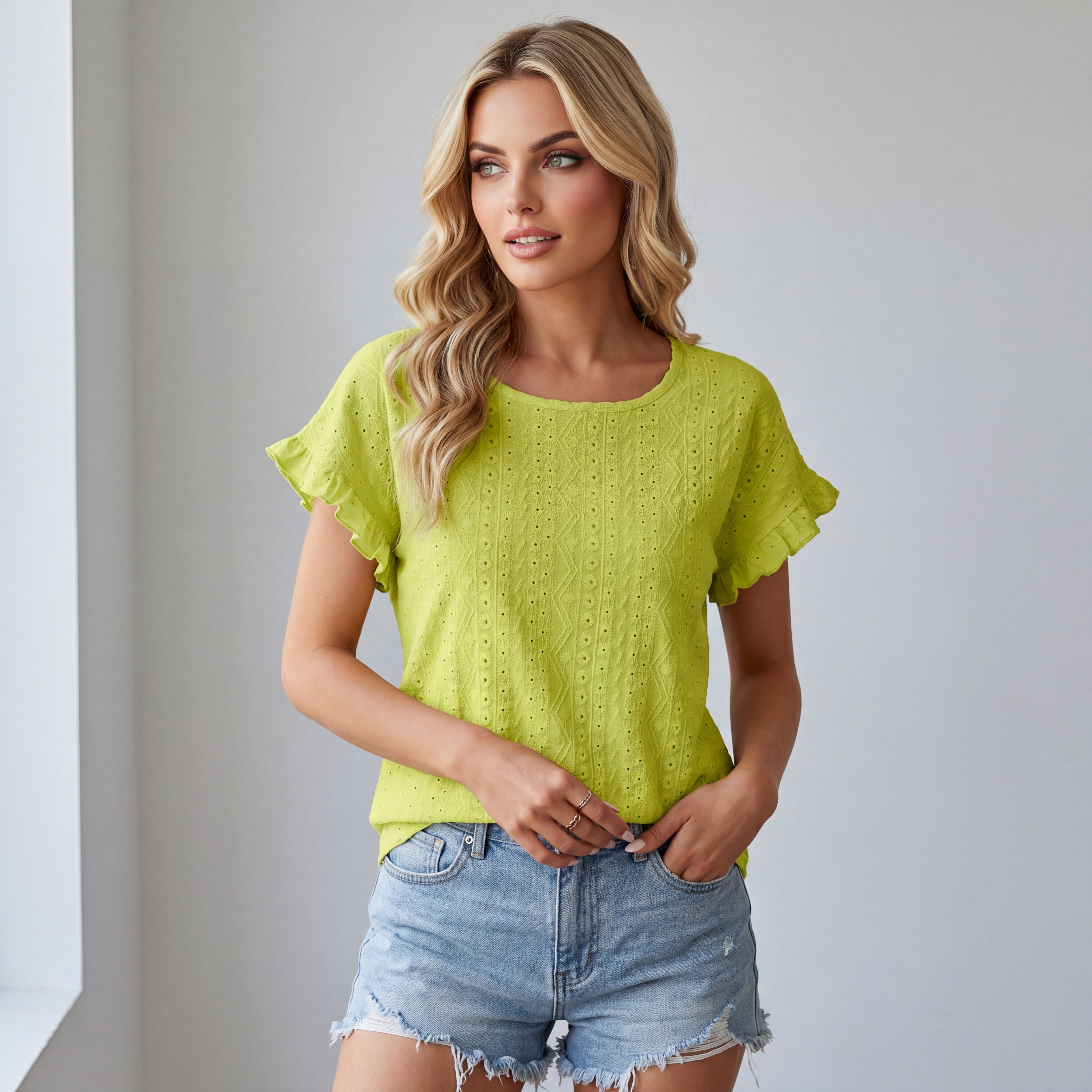 Breezy Eyelet Flutter Sleeve Casual Top