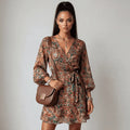 Boho Paisley Tie-Front Long Sleeve Mini Dress