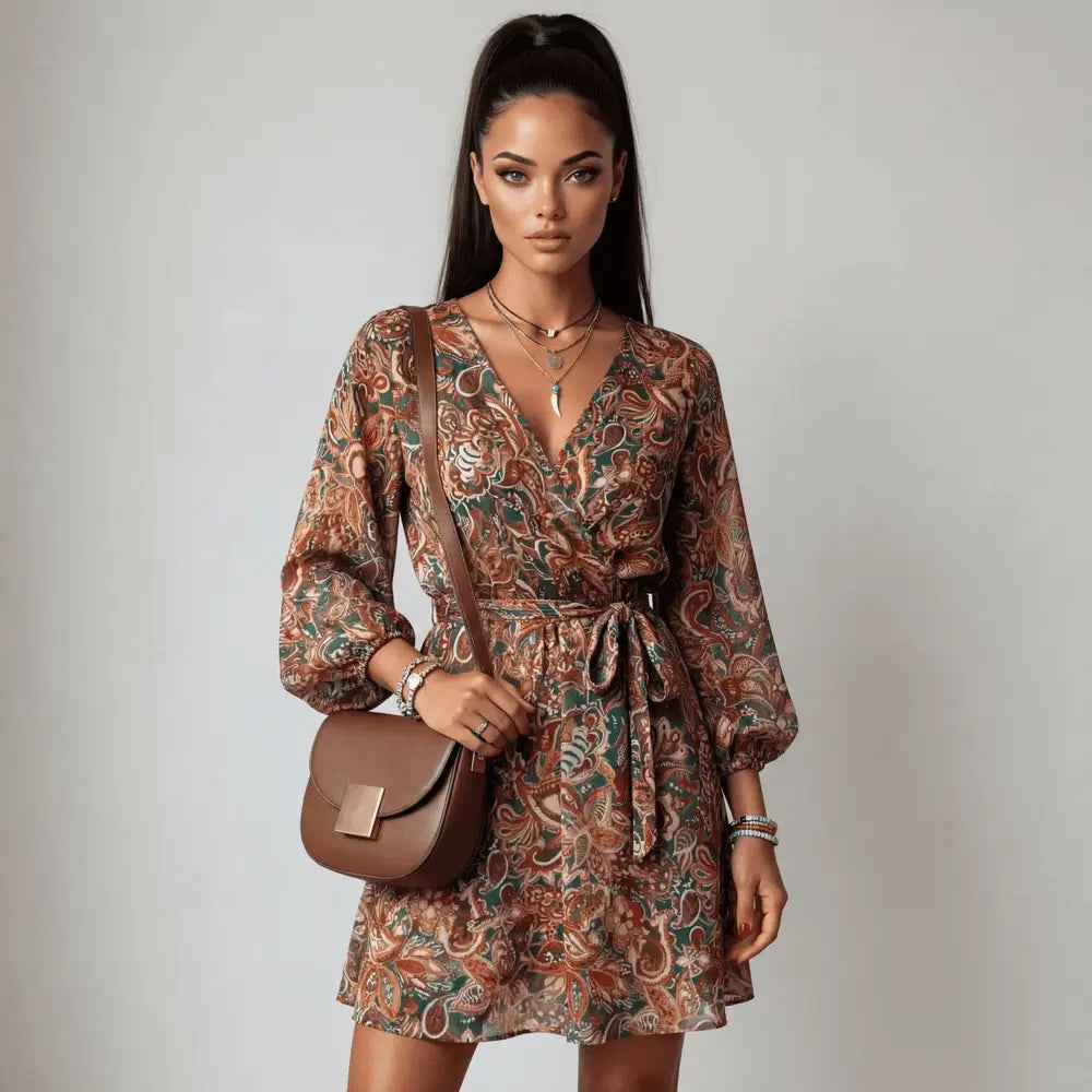 Boho Paisley Tie-Front Long Sleeve Mini Dress