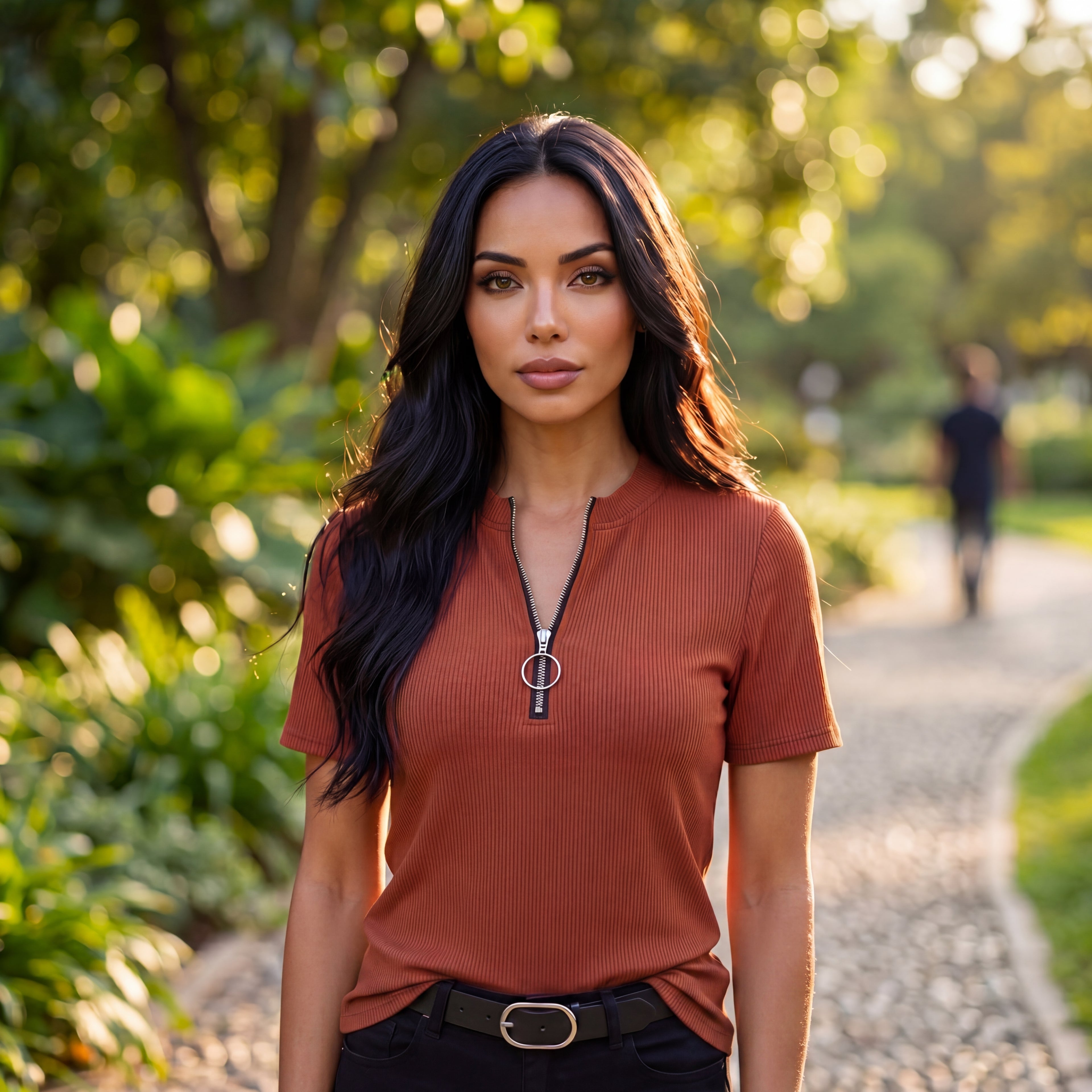 Ribbed Zip-Front Short Sleeve Top