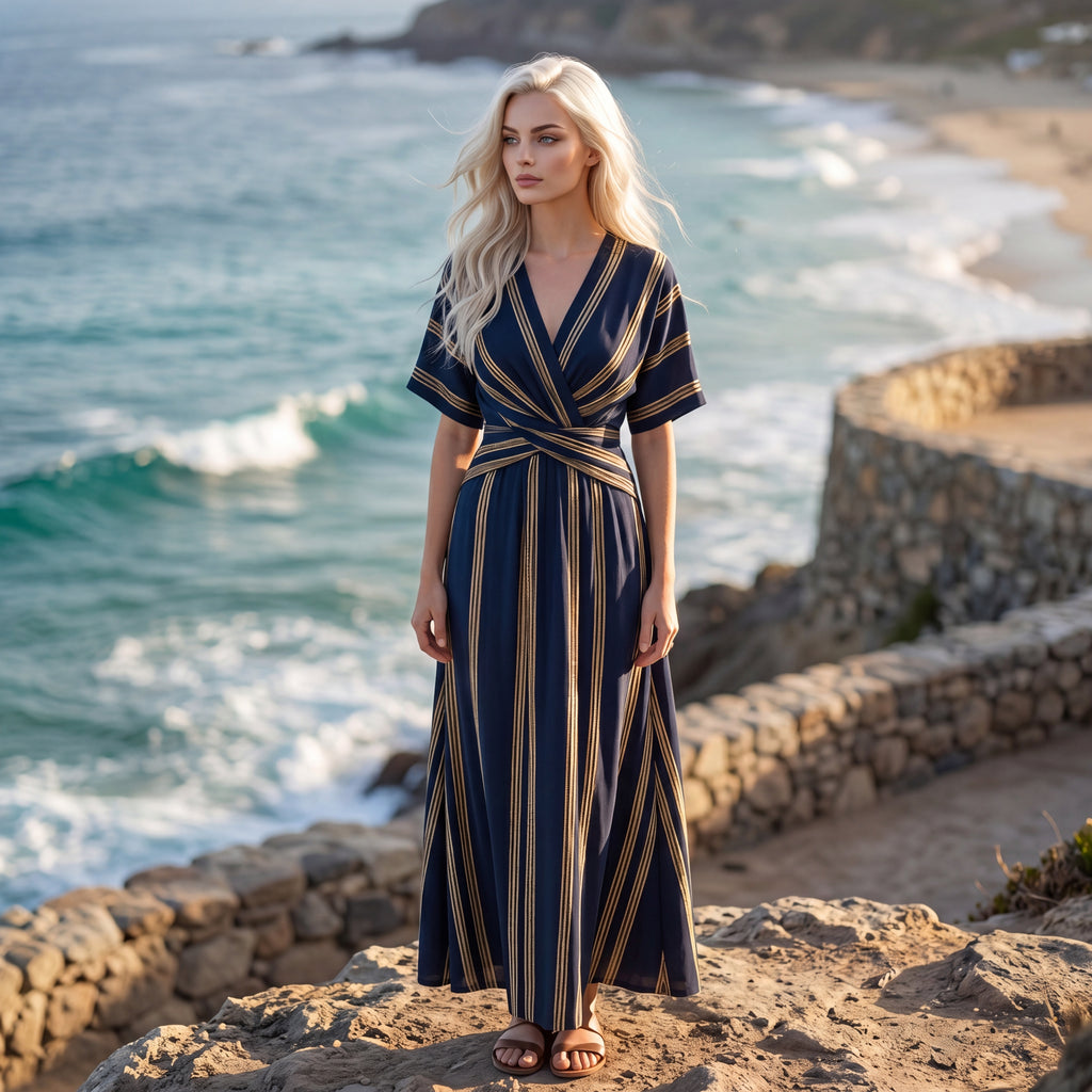 Coastal Striped Wrap Maxi Dress – Effortless Resort Chic