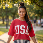 Twisted Rib Vintage USA Letter Printed T Shirt